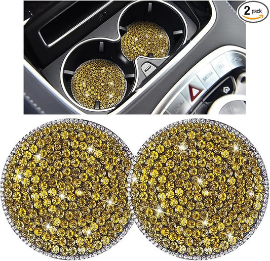 Bling Car Cup Holder Coaster, 2PCS 2.75 Inch Crystal Rhinestone Anti Slip Vehicle Drink Cup Mat for Women Girls, Auto Interior Embedded in Ornaments. Universal for SUV RV Truck (Yellow)