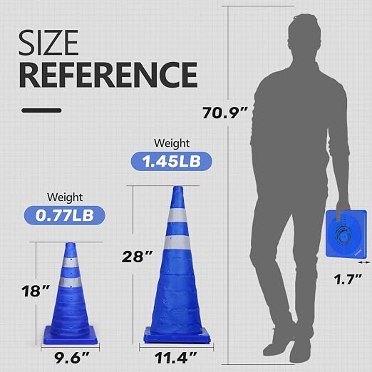 BATTIFE [2 Pack] 18 Inch Collapsible Traffic Cones, Safety Cones, Pop-up Cones with Reflective Collar, for Driving Practice,Road Parking (Blue)