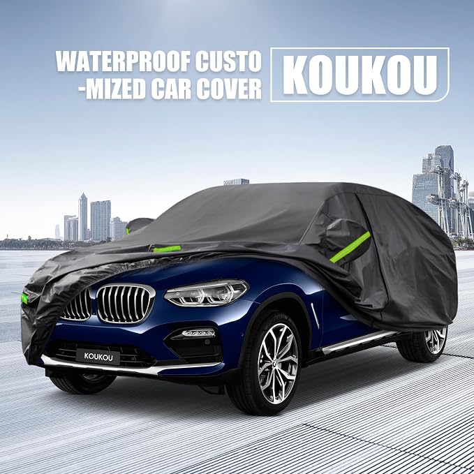 KouKou Waterproof SUV Car Cover Suitable for BMW X3 from 2003 to 2025, 7 Layers Windproof All Weather Waterproof Outdoor Cover Sun Rain UV Dust Snow Protection. Black