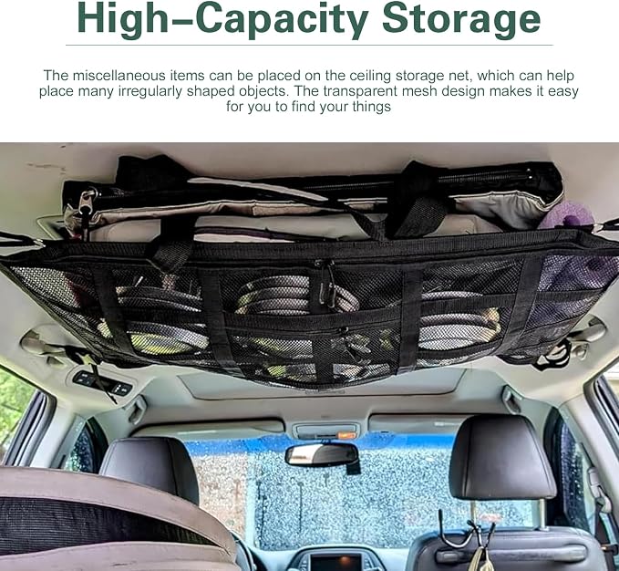 Car Ceiling Cargo Net, 31.5" x 21.6" Double-Layer Mesh Roof Storage Net, Adjustable Car Roof Mesh Storage Nets Organizer, Universal for SUV, Travel Road Trips, Camping Essentials