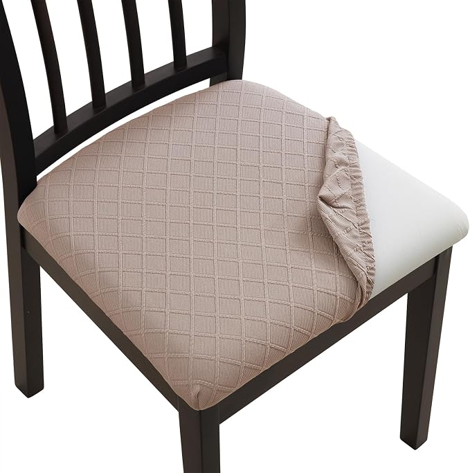 Fuloon Waterproof Seat Cushion Covers 6 PCS, Stretch Jacquard Chair Seat Covers Washable Dining Room Chair Slipcovers Removable Kitchen Cushion Protector (6, Waterproof-Khaki)