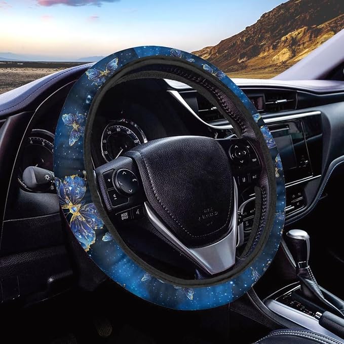 AFPANQZ Steering Wheel Cover for Most Cars Universal Fit 14 to 15 inch | Blue Butterfly, Anti-slip Steering Wheel Protector, No Smell Fashion, Easy Install