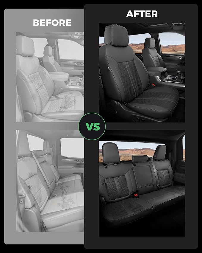 Custom Fit Seat Covers for 2019-2026 Sierra/Silverado 1500 CrewCab | Fits 2500/3500HD 2020-2026, with Rear Armrest/Seatback Storage, Faux leather, Waterproof, Scratch-resistant, Easy-clean