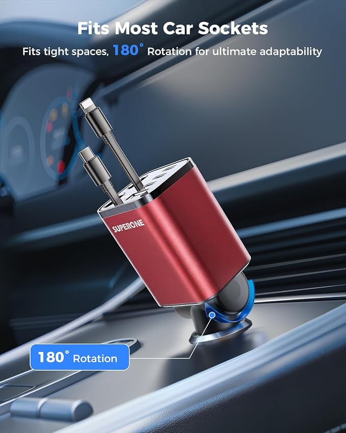 [Upgraded] 6 in 1 Retractable Car Charger, SUPERONE Smaller Fast Car Phone Charger 69W with Cord, USB C and iPhone Car Charger Adapter, Compatible iPhone 17/17 Pro Max/16/15/14/13/12/11, Sumsung