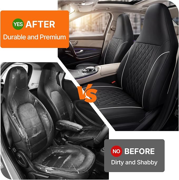 TOYOUN Luxury Diamond Stitch PU Leather Front Car Seat Covers Universal | Waterproof Black White Stitching Airbag Compatible 2 Pack Premium Seat Protectors For Cars Trucks SUVs Vans Auto Accessories
