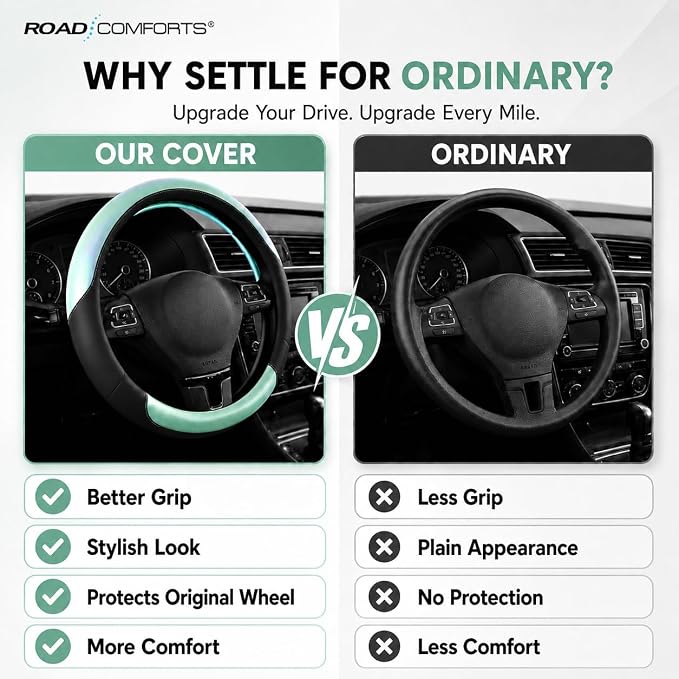 Road Comforts Steering Wheel Cover – Breathable Leather Steering Wheel Cover, Anti-Slip Grip, Universal Fit 14.5” to 15”, Heat & Cold Resistant for Cars, SUVs, and Trucks – Black & Shining Light Blue