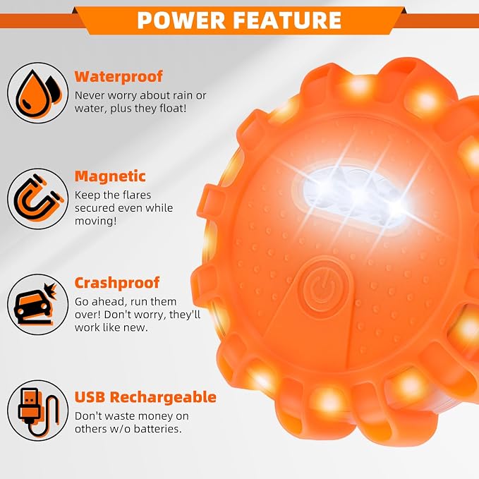 6 Pack USB Rechargeable LED Road Flares Emergency Lights, Roadside Warning Car Safety Beacon Flashing Disc Flare Kit with Magnetic Base for Vehicles & Boat&Truck