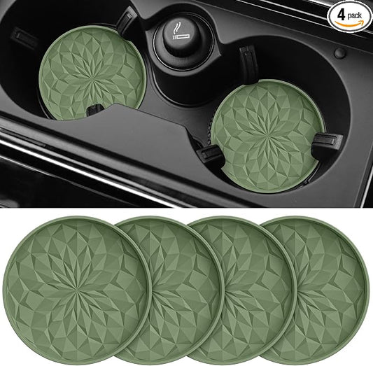 ME.FAN Car Coasters for Cup Holders [4 Pack] - 2.75In Silicone Auto Mug Mats - Universal Non-Slip Recessed Car Interior Accessories Olive Green