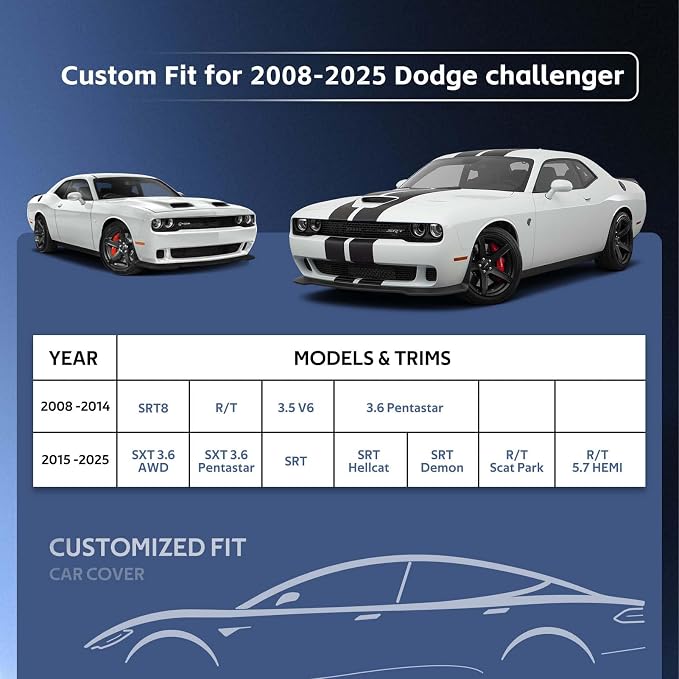 10 Layers Car Cover Custom Fit for Dodge Challenger Hellcat (2008-2024) Waterproof All Weather for Automobiles, Outdoor Full Cover Rain Sun UV Protection.Silver