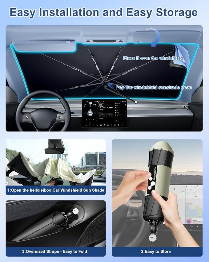 helloleiboo 𝟮𝟬𝟮𝟲 𝗨𝗽𝗴𝗿𝗮𝗱𝗲𝗱 Car Windshield Sun Shade Umbrella 53" x 30" – Foldable Sun Shade with 5-Layer Vinyl Coating, Reflective Heat & UV Protection, Fits Compact Cars & Small Sedans