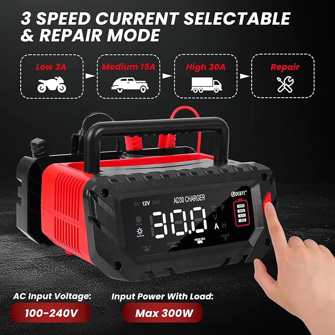 30 Amp 6V/12V/24V Smart Trickle Charger, Car Battery Charger, Lithium, Lifepo4, Lead Acid (AGM/Gel/SLA) Automatic Battery Maintainer, Battery Desulfator for Boat, Motorcycle, Lawn Mowers
