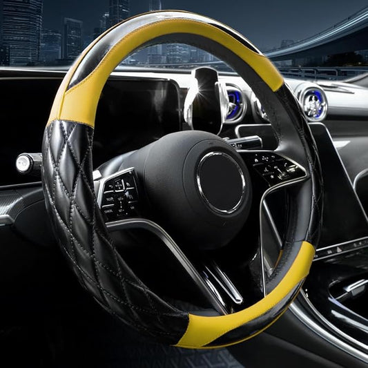 14.5-15 Inch Leather Steering Wheel Cover with Soft Padded Lining, Anti-Slip Comfort Grip, Universal Steering Wheel Protector for Most Cars, SUVs, Trucks (Yellow)