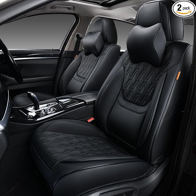 Black Car Seat Covers Front Pair, Breathable Leather Automotive Front Seat Covers with Headrest, Universal Automotive Vehicle Seat Cover for Most Sedan SUV Pick-up Trucks