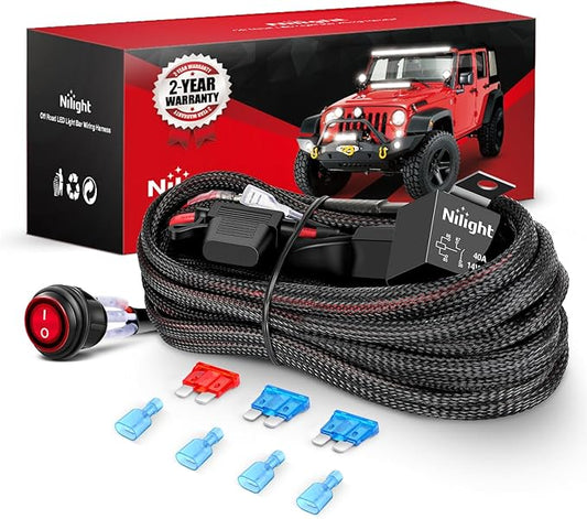 Nilight Wiring Harness Kit Nylon 16 AWG 2 Leads 12 V On Off Switch Power Relay Blade Fuse for LED Light Bar Off Road Lights on Cars Jeep Boat Trucks