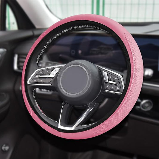 Car Steering Wheel Cover, Universal 14.5-15 Inch Pink Leather Steering Wheel Wrap with Better Sport Grip for Men Women, Anti-Slip Breathable Car Interior Accessories for Most Vehicles (Pink2)
