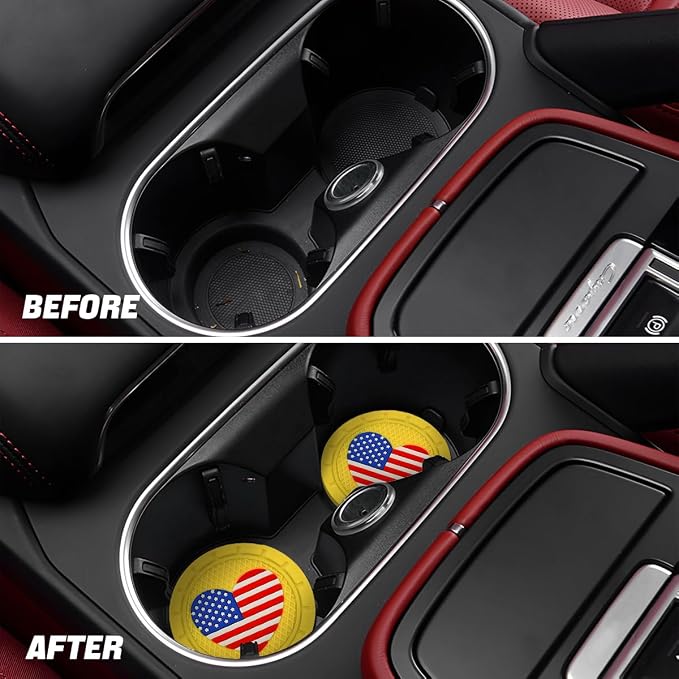 AUCELI 2 Pack Car Cup Holder Coasters, Colored American Flag US Flag Insert Car Cup Coaster, 2.75 Inch Anti Slip Shockproof Embedded Drink Mat, Vehicle Interior Decor Accessories