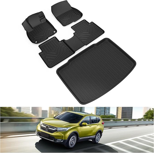 Kiwi Master Floor Mats & Cargo Mat for 2017-2022 Honda CR-V | (Tray in Lower Position), Custom Fit All Weather Car Mats, Heavy Duty TPE Floor Liners, Front Rear Tray Trunk Mat Set, Black