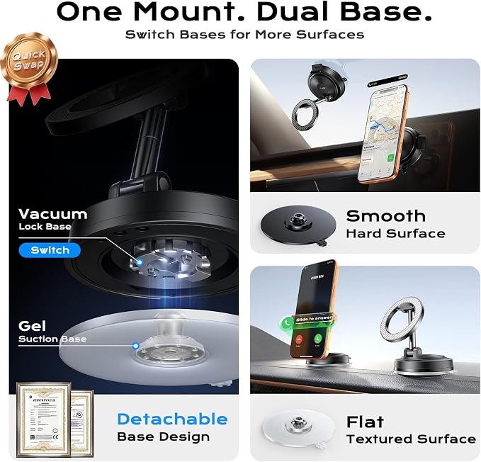 NeverDrop Magsafe Car Mount [2 Bases for Any Surface | 118+LBS Ultra Grip | 2400gf Strong Magnetic] 360° Adjustable Car Phone Holder, Phone Holders for Your Car for All Smartphones, Carbon Fiber