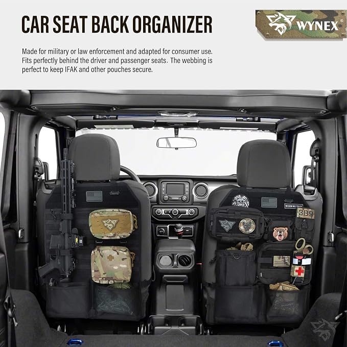 WYNEX Molle Seat Back Car Organizer Fit Most Car F150 Jeeps Pickups Trucks | 26.4x16.1" Backseat Storage Cover, Truck Seat Back Protector, Sling Rack, Visual Pocket & Wolf Patch for Road Trips