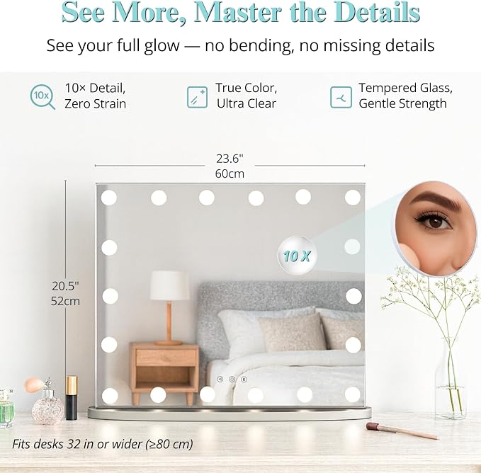 LUXFURNI Vanity Mirror with Lights, 23.6" Hollywood Makeup Mirror Silver | 18 Surround LED Bulbs, 360° Shadow-Free Lighting, 3 Color Modes, USB Charging, Tabletop & Wall Mount for Bedroom Dorm Desk