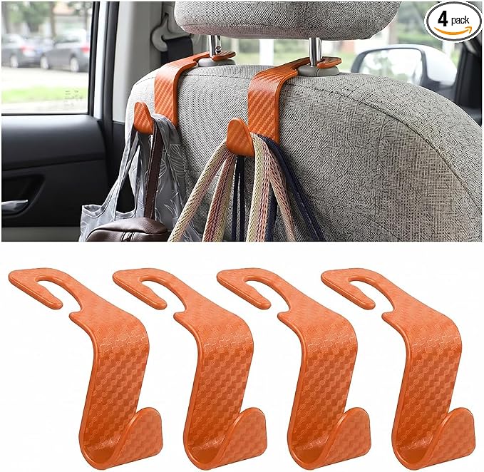 4PCS Car Seat Headrest Hooks, Auto Back Seat Hanger Holder, Durable Stylish Vehicle Organizer Universal Car Interior Accessories, Storage Hooks for Purses, Bags, Clothes (Carbon Fiber/Orange)