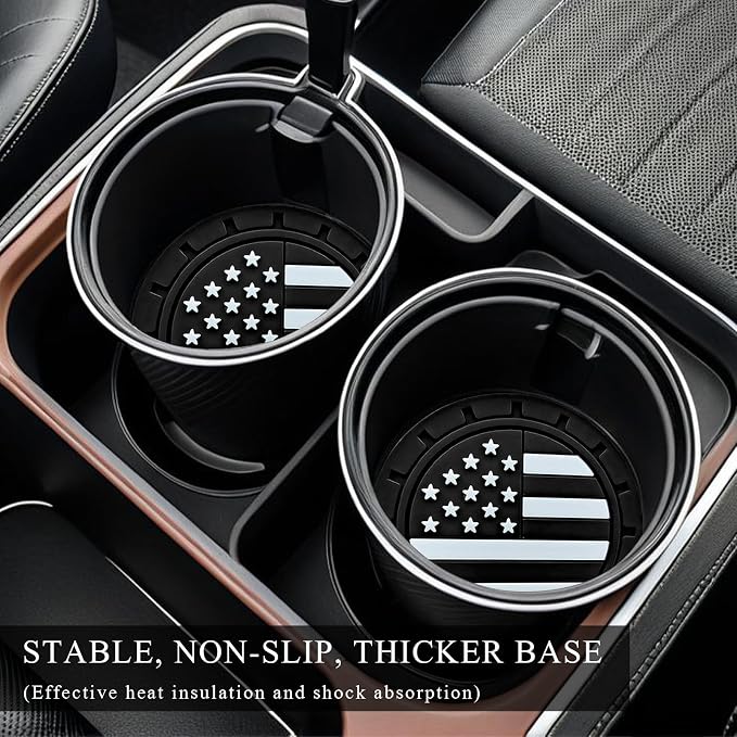 4 PCS Car Cup Holder Coasters, 2.75 Inch Universal Non-Slip American Flag Insert Coaster for Auto Cup Holders, Shockproof Car Drink Mat for Men Women, Vehicle Interior Decor (Black)