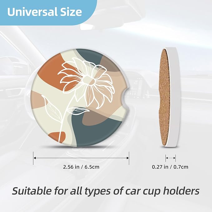 2 Pack Car Coasters for Cup Holders, 2.56" Universal Absorbent Ceramic Stone Car Cup Holder Coasters with Non-Slip Cork Base, Car Interior Accessories for Women Men(Boho Flower)