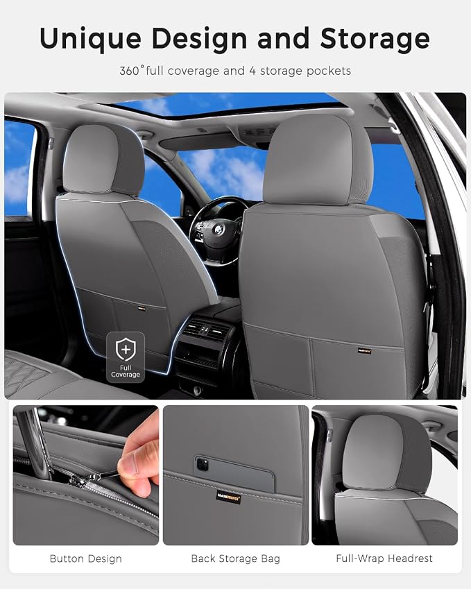 Huidasource Gray Seat Covers Full Set, Seat Covers 5 Seats Waterproof Nappa Leather, Universal Fit for Most Cars,Van,Truck, SUV, Honda Civic Nissan Compass Sentra Focus Explorer(Full Set/Gray)
