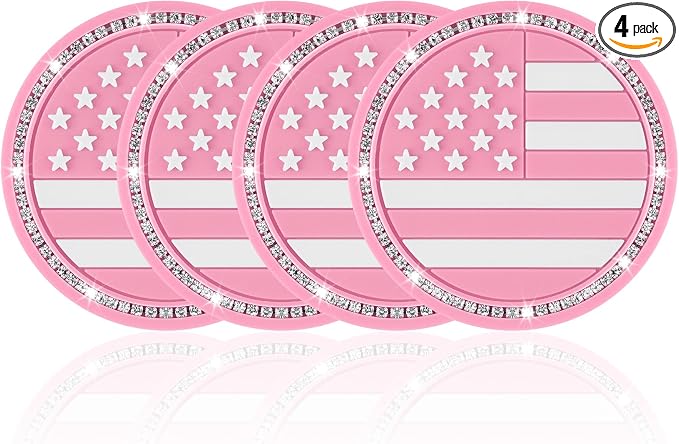 JUSTTOP Bling Car Cup Holder Coaster,4PCS American Flag Cup Holder Insert,Universal Non-Slip Cup Holders,Car Accessories Interior for Women and Man(Pink)