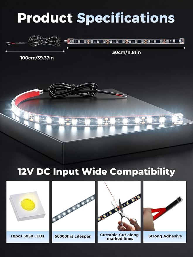 Car LED Strip Lights IP68 Waterproof Cuttable 12inch White 4 Pcs | 12V Footwell & Underbody Lights, 18pcs 5050 SMD, interior & exterior light, fits SUVs, trucks, motorcycles, boats, golf carts