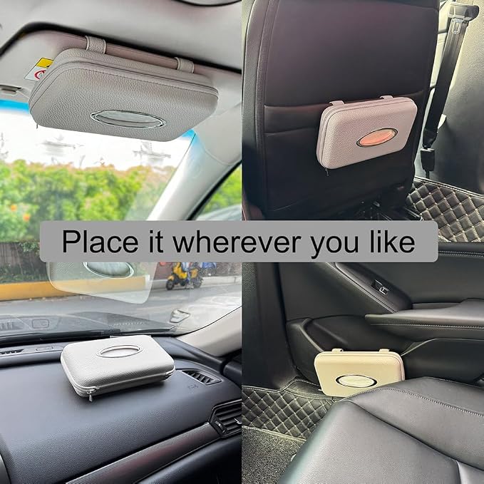 Sun Visor Tissue Holder, Zipper Napkin Holder, PU Leather Backseat Tissue Case for Vehicle (Grey)