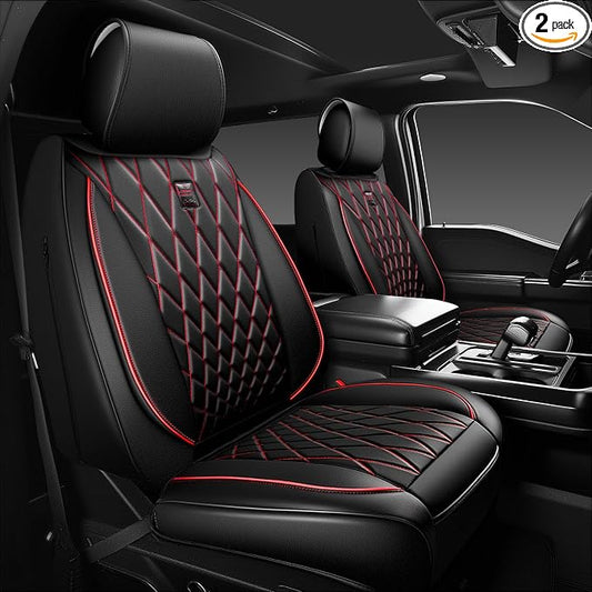 CAR PASS Luxury PU Leather Two Front Car Seat Covers, Waterproof Seat Covers Compatible with Front Seat Armrests, Airbag Compatible Anti- Slip Universal Fit for Cars Suvs Vans Trucks Black Red
