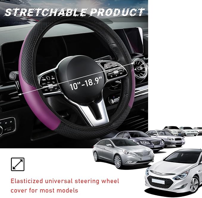 povtii Car Steering Wheel Cover, 15 Inch Leather Breathable Auto Steering Wheel Protector, Comfortable Non-Slip Vehicle Steering Wheel Covers, Universal Interior Car Accessories (Black+Purple)