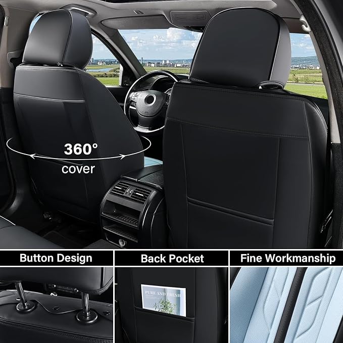 Coverado Seat Covers, Car Seat Covers Front Seats, Leather Seat Covers for Cars, Automotive Seat Covers Car Seat Protector Car Seat Cushion Universal Fit for Most Sedans SUV Truck(Black&Light Blue)