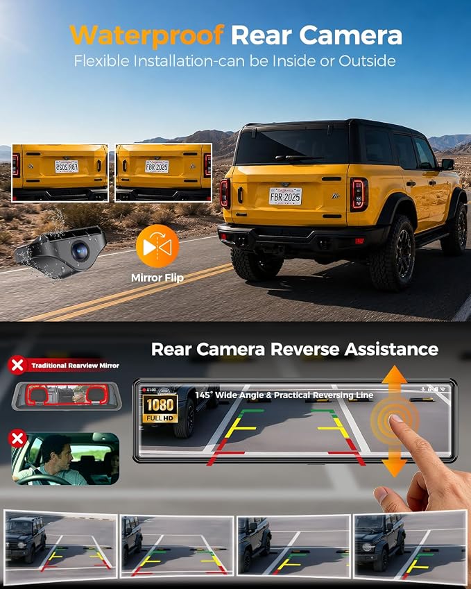 4 Channel Mirror Dash Cam,12" Rear View Mirror Camera,1080P Front Rear Left Right Dash Camera for Car, WiFi Smart Rear View Mirror Camera with 64GB Card, Night Vision, 24H Parking Monitor, G-Sensor