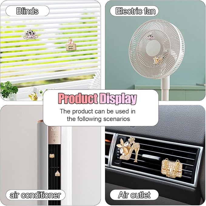 4PCS Bling Car Air Vent Clip, Crystal Rhinestone Heels Bag Crown Perfume Bottle Dashboard Air Vent Trim Clips, Car Interior Outlet Diffuser Decoration Accessory for Women (Gold)