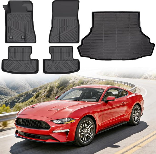 Floor Mats for Ford Mustang 2015-2025 | (Not for Mach-E, Not for Cargo with Subwoofer), TPE Waterproof Non-Slip Black Car Liners (Two-Row Floor Mats & Cargo Liner)