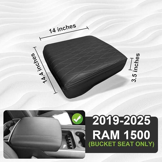 Muslogy Center Console Armrest Cover Fit for Ram 1500 2500 3500 2019-2026 Accessories, Comfort Armrest Pad Console Lid Cushion Vegan Leather 1-Inch Extra Thick, Bucket Seat ONLY (V2 Diamond Pattern)