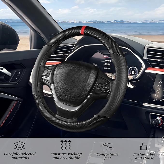Carbon Fiber Car Steering Wheel Cover, Leather Breathable Automotive Wheel Protector, 15 Inch Anti-Slip Vehicle Interior Steering Accessories, Universal for SUV Truck Sedan (Black)