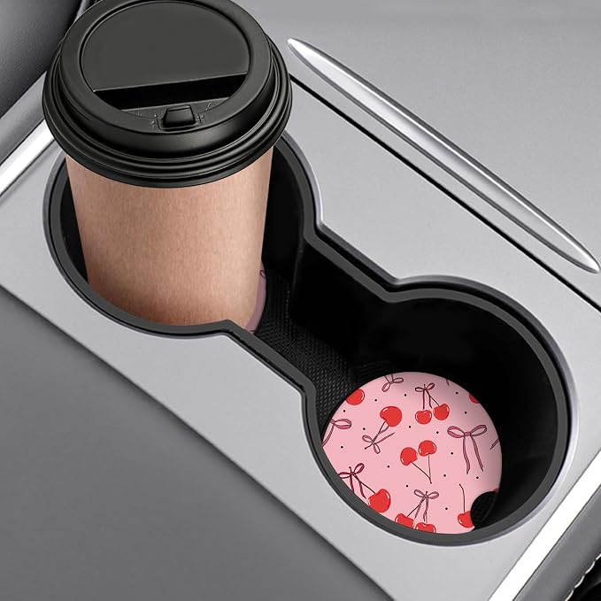 Cute Cherry Car Coasters,Absorbent 2 Pack for Cup Holders with Finger Notch,2.56 inches Ceramics Heat Resistant Anti Slip Cork Base Car Drinks Coasters Auto Cup Holder