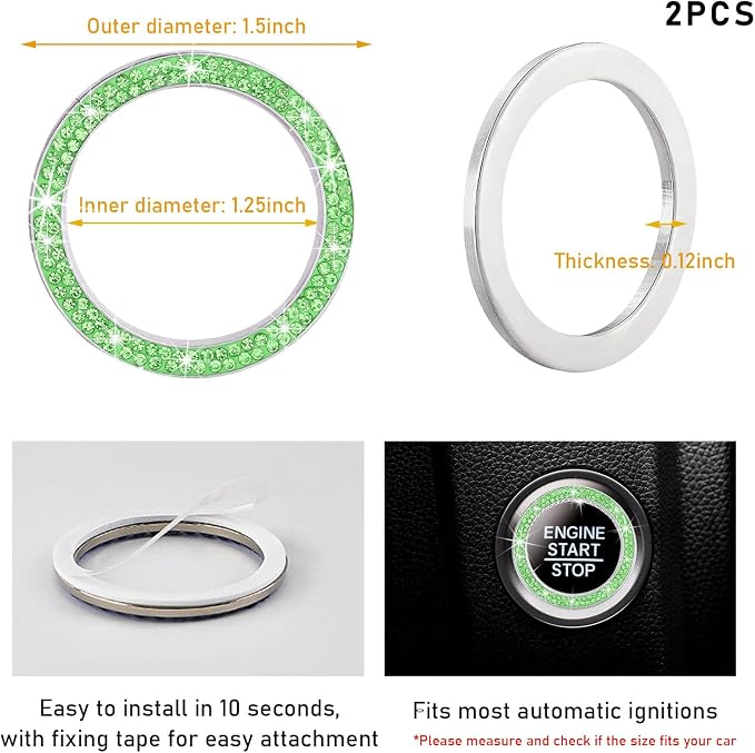 Kewucn 2 PCS Bling Crystal Double Rhinestone Car Engine Start Decoration Ring, Sparkling Push Start Button Sticker, Key Ignition & Knob Ring Decoration, Bling Car Interior Accessory(Light Green)