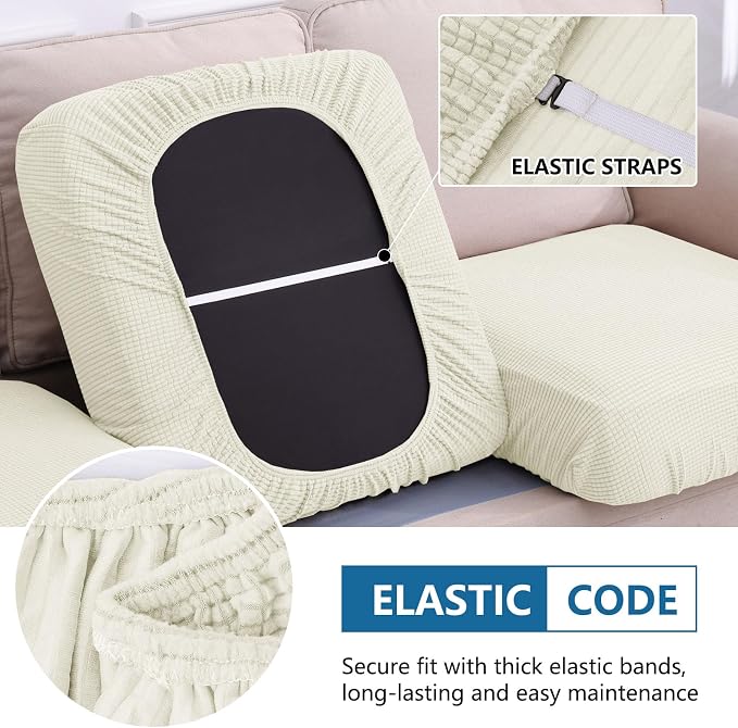 hyha Waterproof Couch Cushion Covers for Pets, Non Slip Sofa Cover for Dogs Washable, Soft Thick Stretch Jacquard Fabric, Sofa Slipcovers with Elastic Bottom (3 Pieces, Cream White)