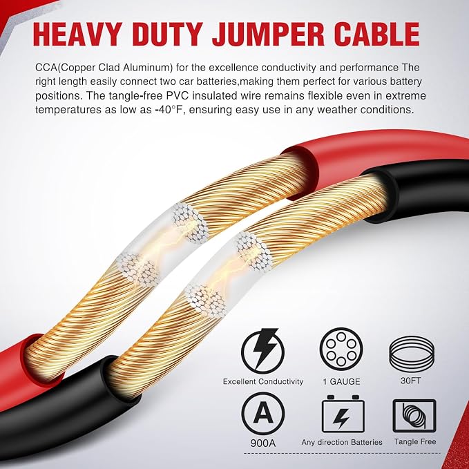 Nilight Jumper Cables for Car Battery 1 Gauge 30 FT Booster Cable Heavy Duty 900 A CCA with Carrying Bag Jump Start Emergency Kit Pickup Truck RV Vans SUV