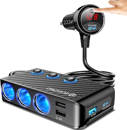 EUGIZMO 8 in 1 Cigarette Lighter Adapter,3 Socket Car Charger Plug Splitter | 12V/24V PLug in Outlet with Voltage Visible Independent Switches 2 PD30W & 3 USB-A Ports Fast-Charge Phones and Dash Cams