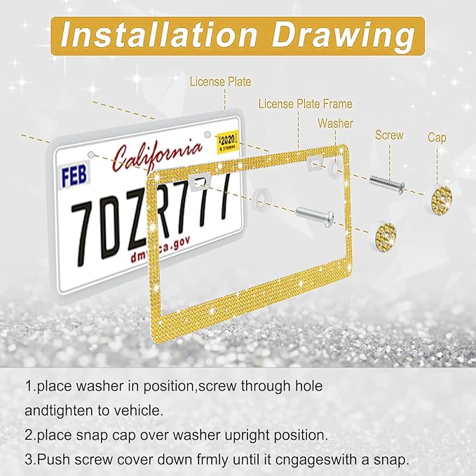 Amiss Bling License Plate Frame for Women, 1Pack Rhinestone Handcrafted Crystal Premium Stainless Steel, Stainless Steel Car Decorative Accessories with Diamond Sparkle Glitter Caps (Gold)