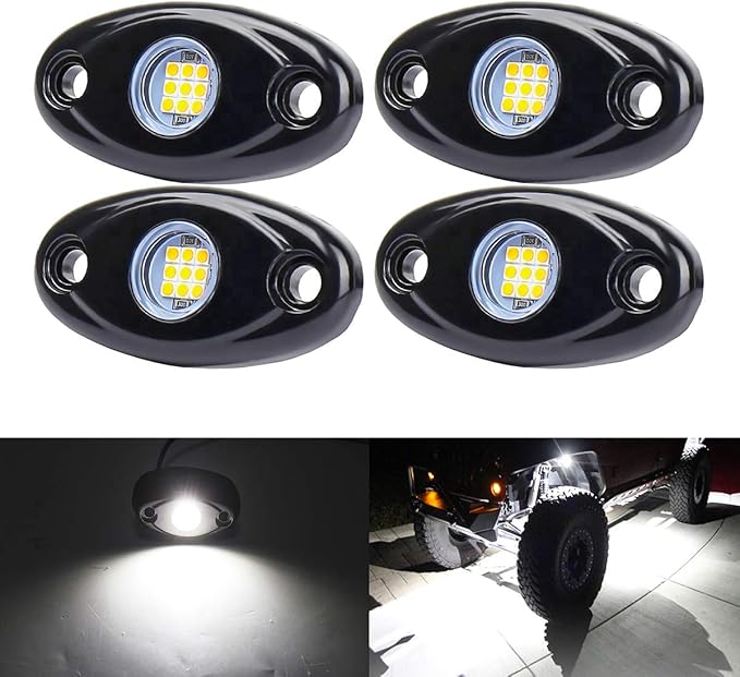 White Underglow Led Rock Lights for Car, Wheel Well Lights 12V 4 Pods | Waterproof Underbody Kit Crawler Crawling Dome Exterior Lamps for ATV RZR UTV SUV Off-Road Motorcycle Glow Trail Rig Fender