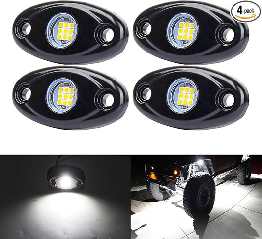 White Underglow Led Rock Lights for Car, Wheel Well Lights 12V 4 Pods | Waterproof Underbody Kit Crawler Crawling Dome Exterior Lamps for ATV RZR UTV SUV Off-Road Motorcycle Glow Trail Rig Fender
