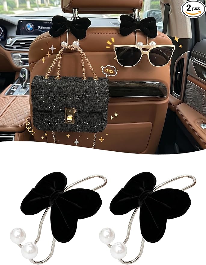 2PC Car Hooks for Purses and Bags Cute，Bowknot Seat Back Hook for Car Headrest Purse Holder Clip,Auto Hanger Seat Decorations Accessories for Women,Black Bow