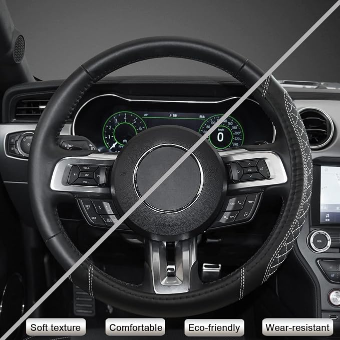 West Llama Car Steering Wheel Cover for Ford Escape,Explorer,Fusion,Focus,Bronco,Transit,Edge(Diamond Quilted - Black+Gray- Standard Size)