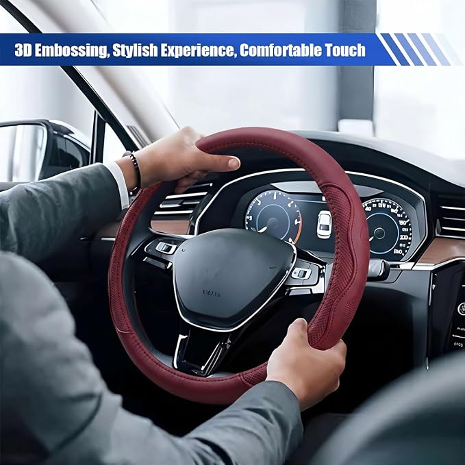 15 Inch Leather Car Steering Wheel Cover for SUV, Truck, Burgundy | Anti-Slip Breathable Automotive Steering Wheel Protector, Universal Heat Resistant Vehicle Interior Accessories